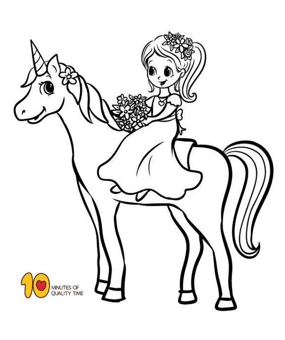 Unicorn And Baby Girl Coloring Page